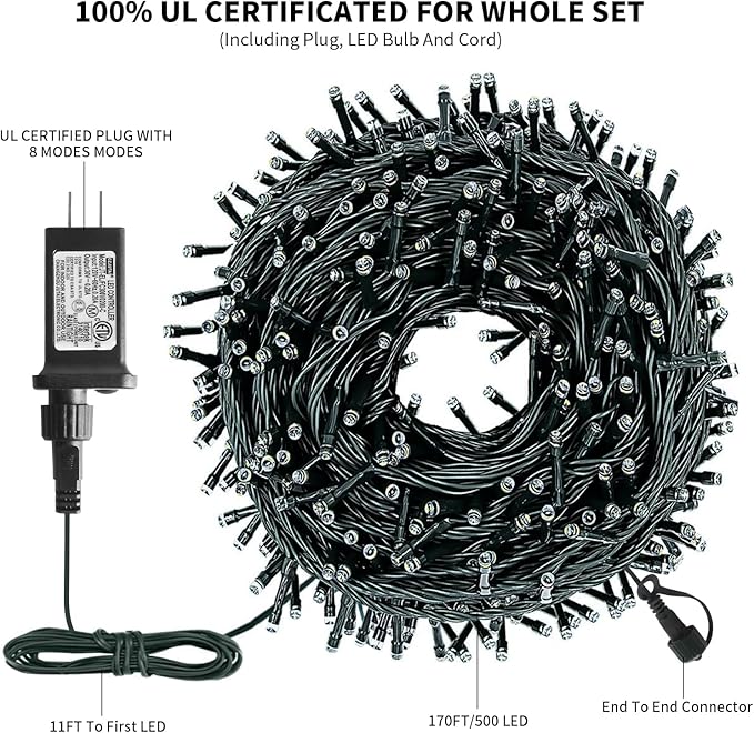 XTF2015 170FT 500 LED Christmas String Lights, Christmas Lights End to End Plug 8 Modes Memory Function with Timer | Lumora