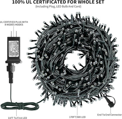 XTF2015 170FT 500 LED Christmas String Lights, Christmas Lights End-to-End Plug 8 Modes - UL Certified - Outdoor Indoor Fairy Lights for Christmas Tree, Garden, Party, Wedding, Holiday (Cool White)