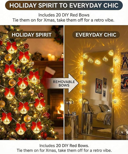 AceList Disco Ball String Lights with Removable Red Bows, 20 LED 1.6" Large Mirror Balls, 8 Modes Waterproof Battery Box/USB Fairy Lights for Christmas Tree, 70s Party, Bedroom, Outdoor Camping