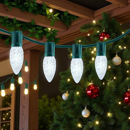 YULETIME Cool White C9 LED Christmas Lights, 25 Feet 25 Count 12" Spacing Faceted Strawberry Bulbs UL Certified Outdoor String Light Set (Cool White)
