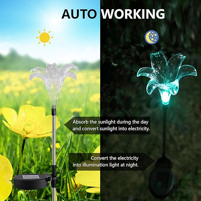 Outdoor Solar Garden Stake Lights 3 Pack- Color Changing LED Stake Lamp In-ground Landscaping Lights for Garden Patio Yard Lawn Pathway Flower Bed Decorations Figurine Lily Sun Flower and Dandelion