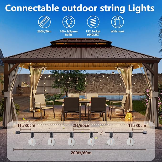 200FT Outdoor String Lights, Weatherproof Patio Lights with 100 LED G40 Globe Shatterproof Bulbs, Connectable Commercial Outside Decor Hanging Lamp for Backyard Deck Bistro Party Cafe, Black