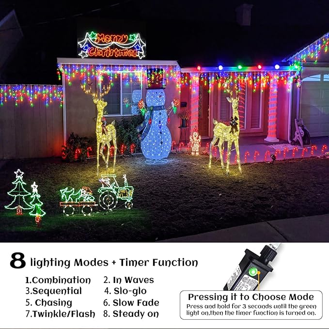 132 ft Christmas Lights -1280 LED Icicle Lights Outdoor with 240 Drops Hanging String Lights, 8 Modes Plug in | Lumora