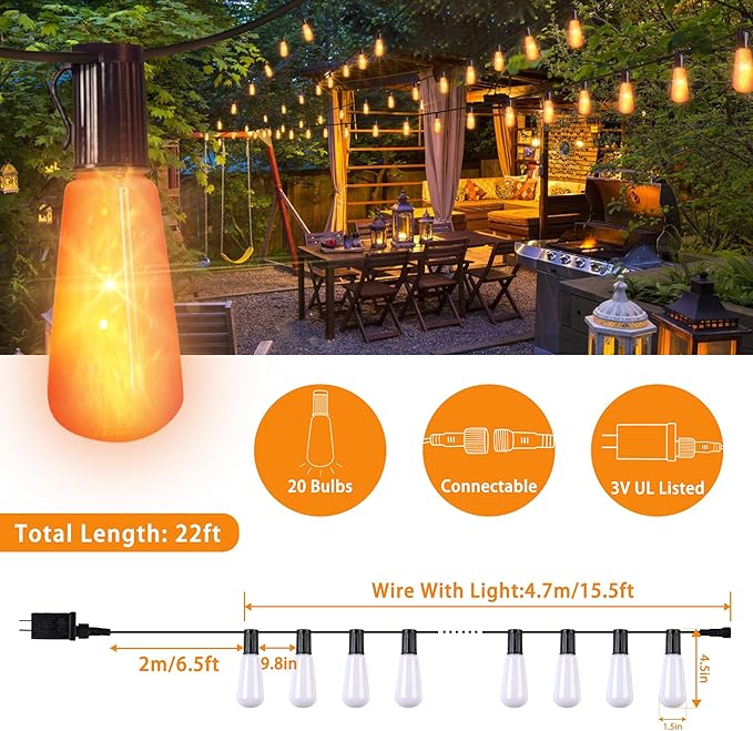 Flickering Flame String Lights,22Ft 20LED Lights for Outside,Plug in Garden Light for Halloween Christmas Indoor Outdoor Decor,Connectable Backyard Decorative Lights Cafe Bistro Patio