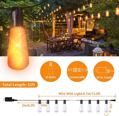 Flickering Flame String Lights,22Ft 20LED Lights for Outside,Plug in Garden Light for Halloween Christmas Indoor Outdoor Decor,Connectable Backyard Decorative Lights Cafe Bistro Patio