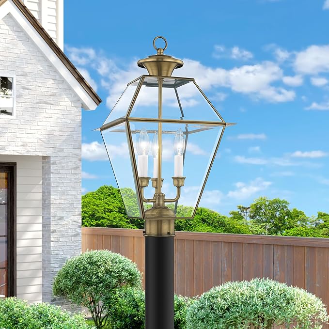 Livex Lighting Lantern 2384-01 Westover 3-Light Outdoor Post Head, Antique Brass | Lumora