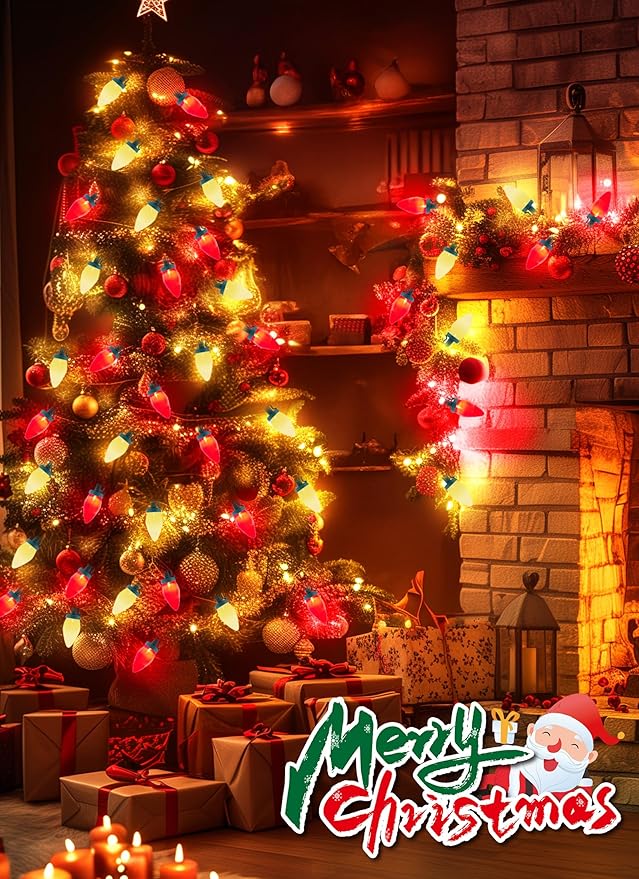 Moonflor Vintage C9 LED Christmas Lights Outdoor, 50 Feet C9 String Lights for Christmas Tree Roofline Holiday Party Indoor Outdoor Garden Patio Backyard Cafe Xmas Decor, Green Wire(Red & Warm White)