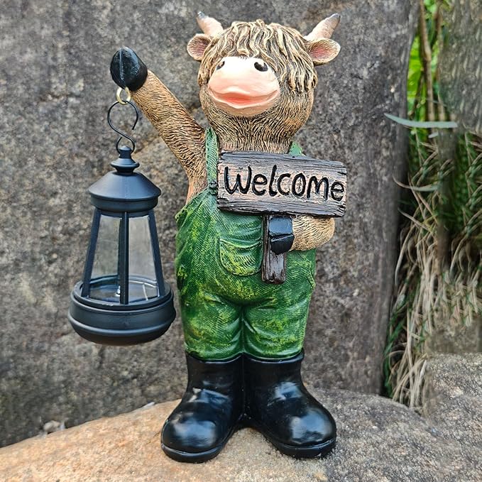 Solar Garden Decor Statues: Handmade Resin Statue with LED Light,Highland Cow Figurine Outdoor Garden Decor Unique | Lumora