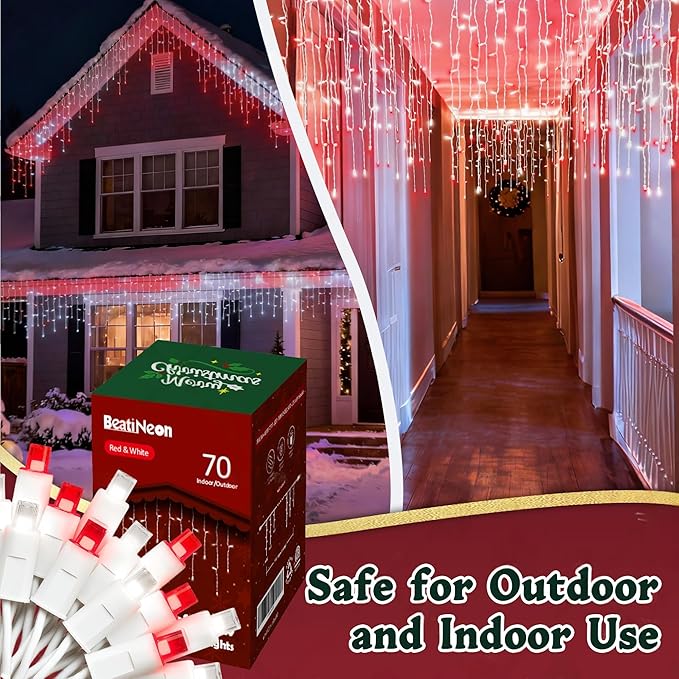 7ft Icicle Lights, 70 LED Red & White Twinkle String Lights, Commercial Grade IP68 Waterproof, Soft Glow Mini LED Icicle Lights for Christmas Party, Eaves, Roofs, Holiday Indoor Outdoor Decoration