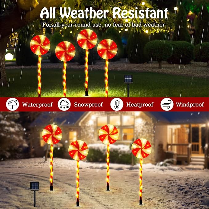 Lewondr 4 Pack Lollipop Christmas Decorations Outdoor,Solar Lighted Candy with Garden Stakes,Waterproof Garden Lawn Pathway with 2 Lighting Modes,Solar Christmas Yard Decor for Path,Xmas Party,Holiday