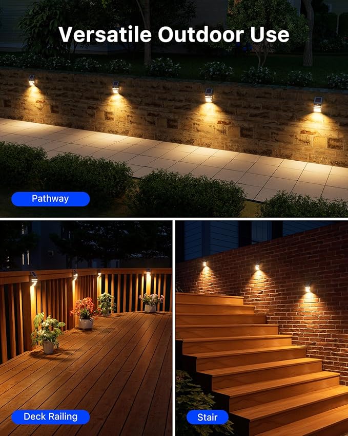 4 Pack Solar Stainless Steel Fence Lights Outdoor Waterproof Motion Sensor Wall Sconce for Backyard Post, Deck | Lumora