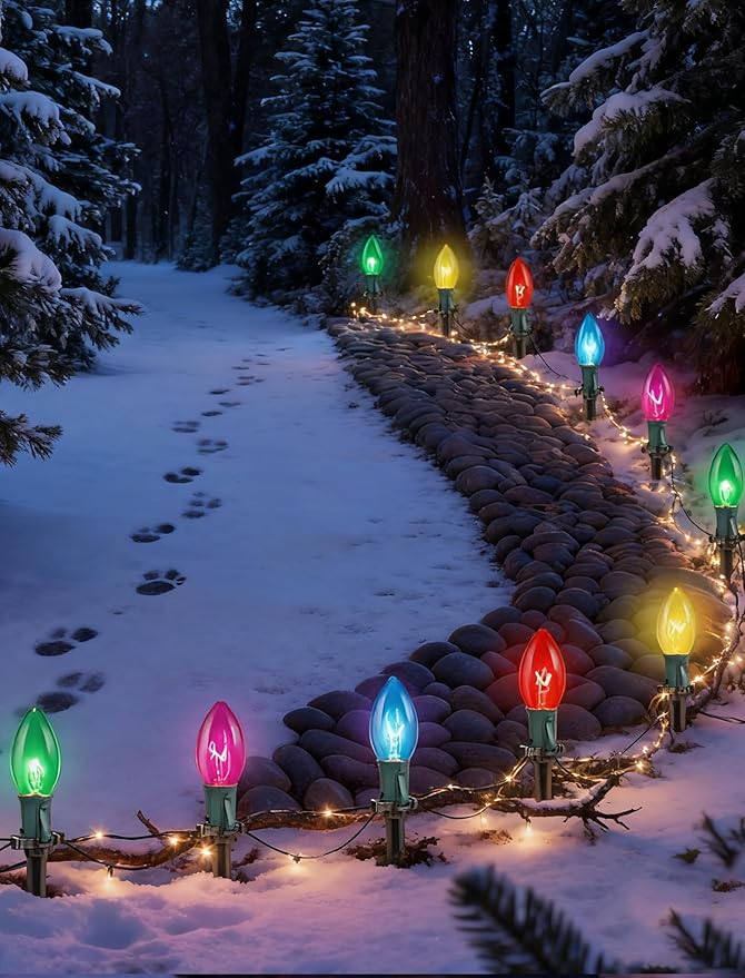 C9 Christmas Pathway Lights Outdoor, 38Ft Vintage Christmas Decorations String Lights with 27 C9 Multicolor Bulbs and 25 Stakes, Outside Walkway Lights for Driveway Sidewalk Yard Path Xmas Decor
