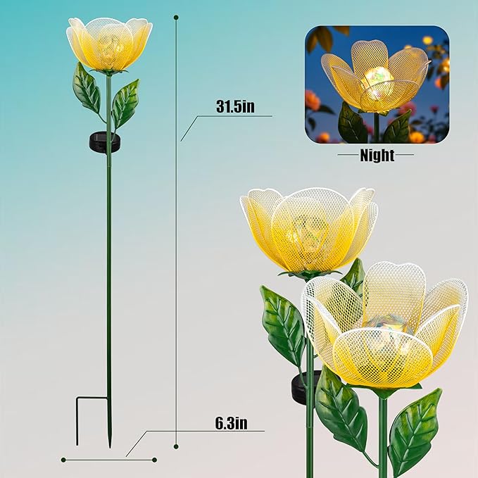 Solar Garden Lights,2 Pack Solar Metal Flowers with Breathing Light,Yard Pathway Lights Outdoor Solar Powered,Outside Lights for Yard Garden Outdoor Pathway Decor