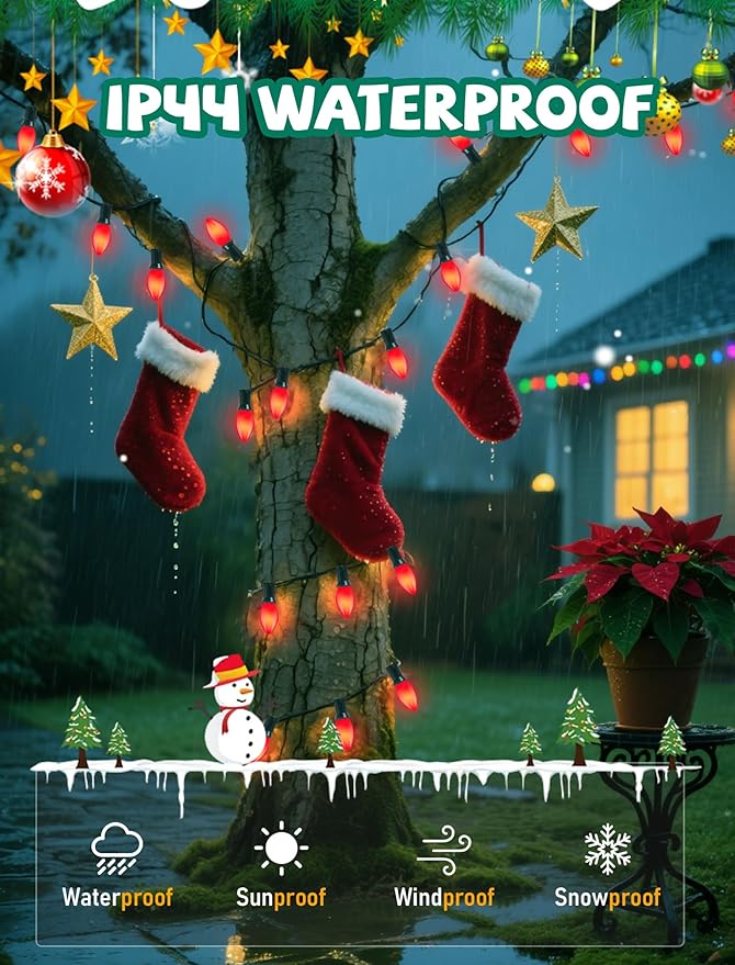 25Ft Red Chritsmas Lights Outdoor, C7 Vintage String Lights with 27 Red Baked Incandescent Bulbs, Hanging Patio Lights for Porch Roofline Christmas Tree Garden Pathway Indoor Decor