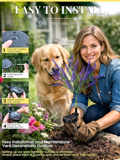 GIGALUMI Solar Garden Lights with Lavender, LED Garden Decor Carefree Solar Flowers Outdoor Waterproof, Yard Decorations Outdoor, Allergy-Free Everlasting Light up Flowers for Yard Patio (Set of 2)
