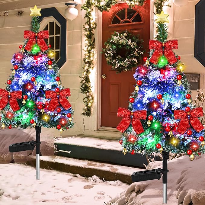 2 Pack 32 inch Solar Xmas Tree Light Outdoor Tree with 20 LED Lights Waterproof Christmas Pathway Light Solar Christmas Decorations for Yard Garden Lawn Walkway