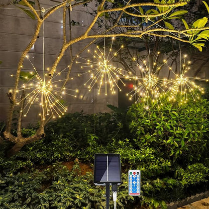 4 Pack Solar Firework Lights, 360 LED 8 Modes Dimmable Waterproof Hanging DIY Starburst Fairy Lights with Timer for Party Garden Indoor Outdoor Decoration (Warm White, 360)
