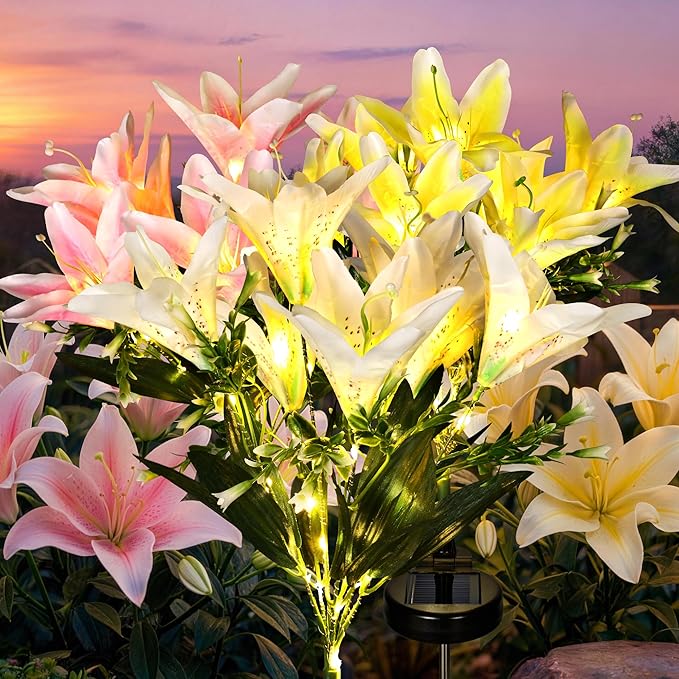 GIGALUMI Solar Garden Lights, LED Lily Garden Decor Carefree Solar Flowers Outdoor Waterproof, Yard Decorations Outdoor, Allergy-Free, Everlasting Light up Flowers for Yard Patio Garden (Set of 3)