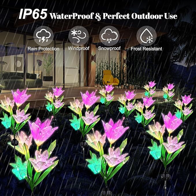 Solar Powered Lily Flower Lights Outdoor, Waterproof Color Changing Garden Lights with Large Solar Panel, 2 Pack for Patio, Yard, Pathway Decoration