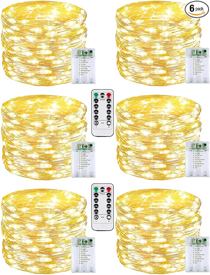 6 Pack 60LED Christmas Battery Operated Fairy Lights with Remote, 8 Modes String Lights with Timer, Dimmable, Memory Function, Waterproof Twinkle Lights for Outdoor Indoor Christmas Decor(Warm White)