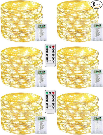 6 Pack 60LED Christmas Battery Operated Fairy Lights with Remote, 8 Modes String Lights with Timer, Dimmable, Memory Function, Waterproof Twinkle Lights for Outdoor Indoor Christmas Decor(Warm White)