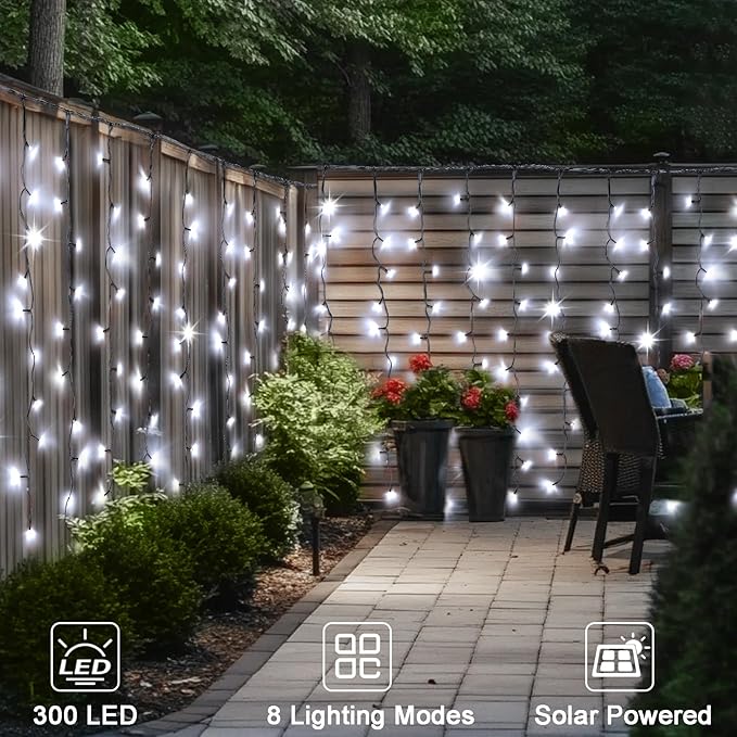 DBFAIRY Solar Curtain Lights,19.6ft x 3.3ft 300 LED Outdoor Christmas Solar Curtain Lights Waterproof Green Wire with 8 Mode for Garden Handrail Railing Eaves Wall Decoration -Cool White