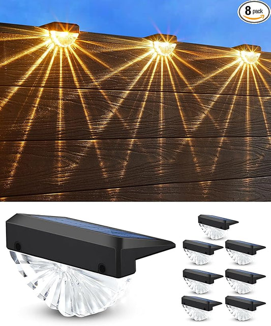 Solar Fence Lights,80 Lumens Warm White & White LED Solar Deck Lights,IP65 Waterproof Solar Lights Outdoor for Backyard, Patio, Deck Railing, Stair Handrail, Pool and Wall,8 Pack