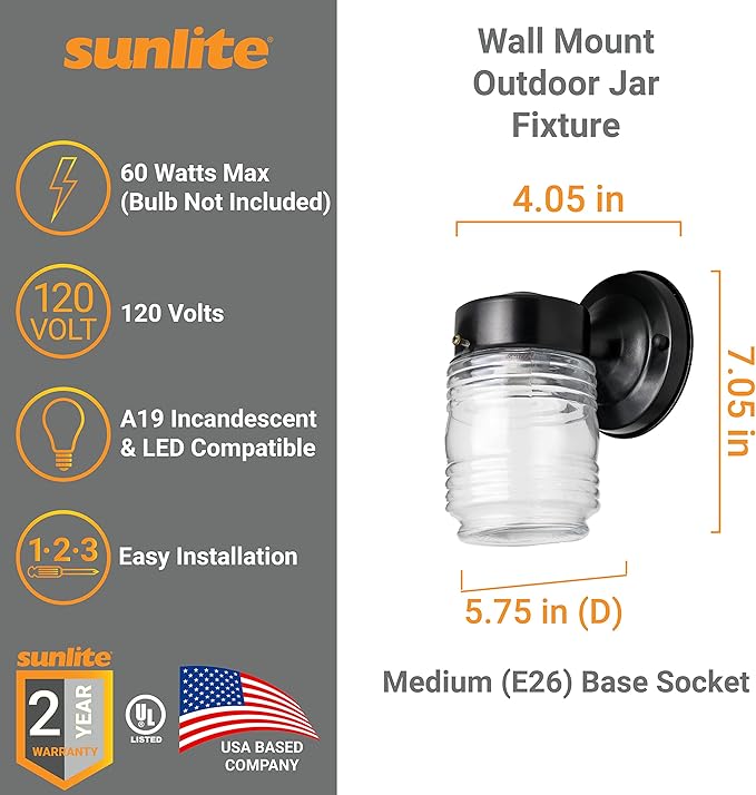 Sunlite 47040 Wall Mount Outdoor Jar Fixture, 60 Watts Max, Medium Base Socket (E26), 120 Volts, Outdoor, UL Listed, Black, for Residential & Commercial Use