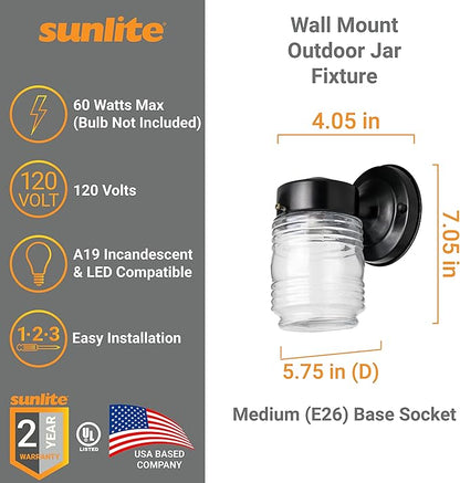 Sunlite 47040 Wall Mount Outdoor Jar Fixture, 60 Watts Max, Medium Base Socket (E26), 120 Volts, Outdoor, UL Listed, Black, for Residential & Commercial Use