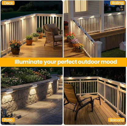 Solar Deck Lights 8 Pack, 3 Color Modes Soft Warm/Natural/Cool Glow, IP65 Waterproof Step Lights for Outdoor Ambiance, Solar Lights for Fence, Deck, Railing, Patio & Backyard Decor (White)