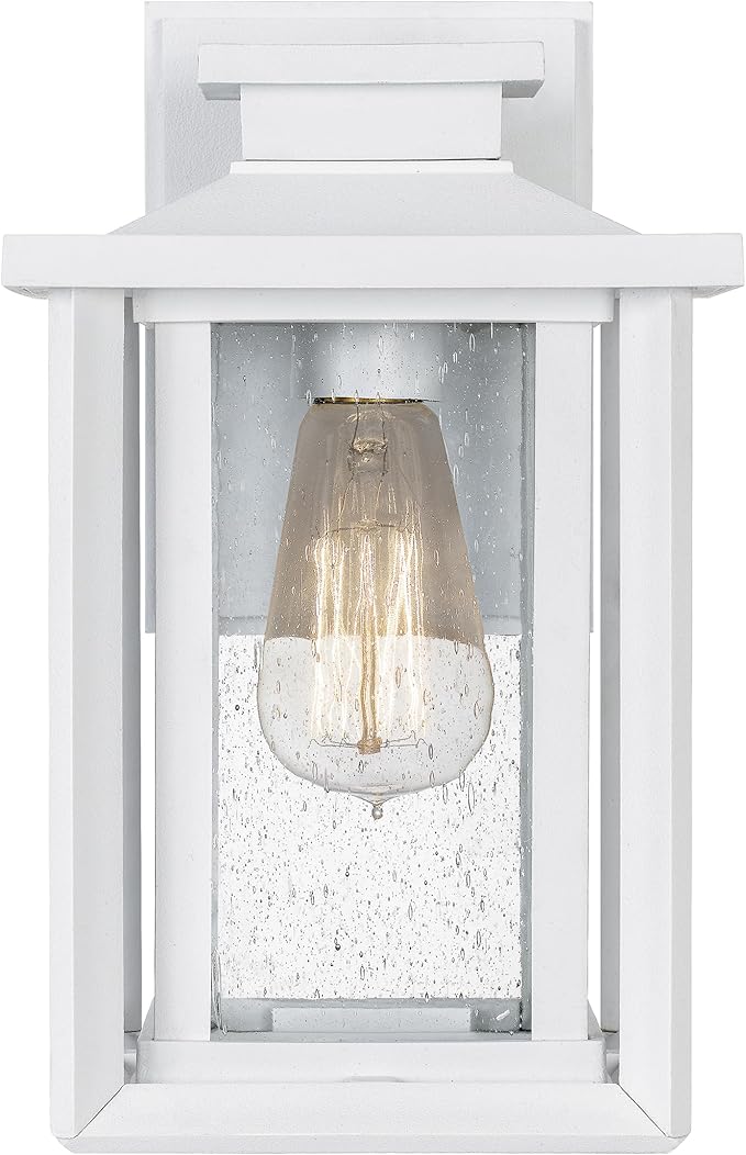 Quoizel Wakefield Vintage Wall Sconce, Coastal Armour 11 Inch 1-Light Matte White Wall Lantern, Clear Seedy Glass Light Fixtures, 100W Medium Base Bulb, Outside Lights for Patio, Porch or Garage