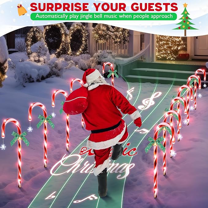 Hiboom 12 Pcs Christmas Candy Cane Light with 4 Christmas Theme Music, 20'' Pathway Markers Lights with Stakes Holiday Driveway Light for Xmas Holiday Party Walkway Garden Decor(Red, White)