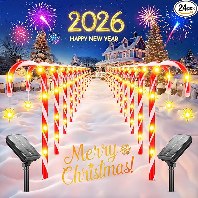 24 Pack Upgraded Solar Candy Cane Lights Outdoor, Christmas Decorations Outdoor Solar Christmas Pathway Lights Waterproof with USB Charging 10 Modes for Yard Garden Lawn Path Walkway Party Xmas Decor