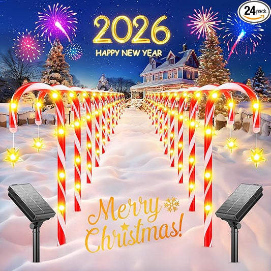 24 Pack Upgraded Solar Candy Cane Lights Outdoor, Christmas Decorations Outdoor Solar Christmas Pathway Lights Waterproof with USB Charging 10 Modes for Yard Garden Lawn Path Walkway Party Xmas Decor