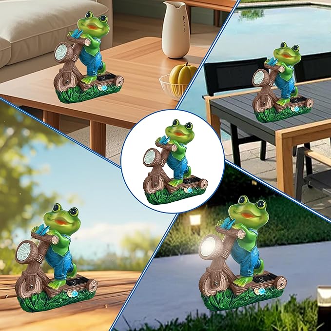 Frog Garden Outdoor Statues Solar Light Decor for Outside-Fall Yard Decorations with Bicycle and LED Lights.Unique Halloween Housewarming Gifts for Women Mom and Grandma.