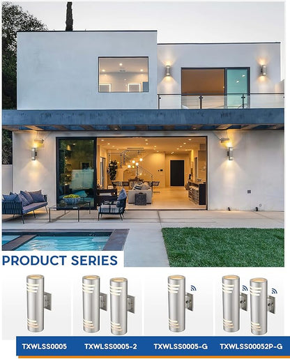 TENGXIN 2 Pack Dusk to Dawn Patio Wall Light Cylinder,Up Down Modern Outdoor Wall Sconce with Stainless Steel Cylinder,Brushed Nickel Exterior Lighting Fixtures