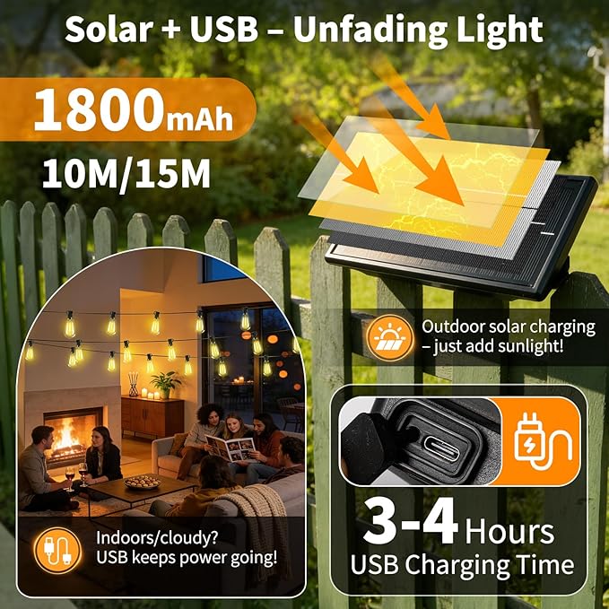Solar Lights Outdoor Waterproof: ST38 50FT 15M Shatterproof Bulbs Patio Lights - Solar Powered & USB Charging | Lumora