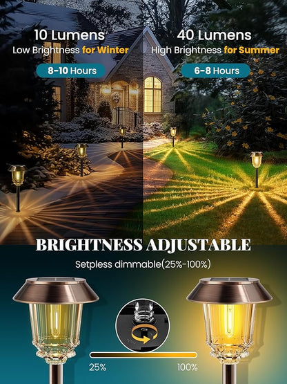 Solar Lights Outdoor Waterproof,6 Pack Bronze Pathway Lights with 10-40 LM Dimmable Glass and Metal, Solar Powered Garden Fall Decor for Yard,Patio,Pathway,Driveway(Warm White)