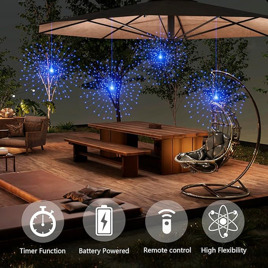 2 Pack Starburst Sphere Lights,200 LLED Firework Lights, 8 Modes Dimmable Remote Control Waterproof Hanging Fairy Light, Copper Wire Light for Patio Parties Christmas (Blue)