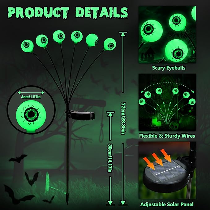 Brizled Green Halloween Lights, 4 Pack 24 LED Halloween Solar Eyeball Lights, 2 Modes Solar Pathway Light Outdoor Waterproof Scary Swaying Green Eyeball Lighting for Garden Path Yard Lawn Patio Decor