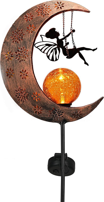 TERESA'S COLLECTIONS Solar Lights Outdoor for Garden Decor, 39" Metal Moon Fairy Pathway Light Garden Statues with Crackle Glass for Patio Decor Lawn Ornaments Yard Art for Outside, Gifts for Mom