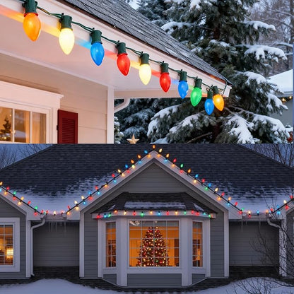 25Ft Outdoor Multicolor Ceramic Christmas String Lights,C9 Vintage Opaque Christmas String Lights for Patio Garden Xmas Tree Decoration,C9/ E17 Candelabra Base, Green Wire
