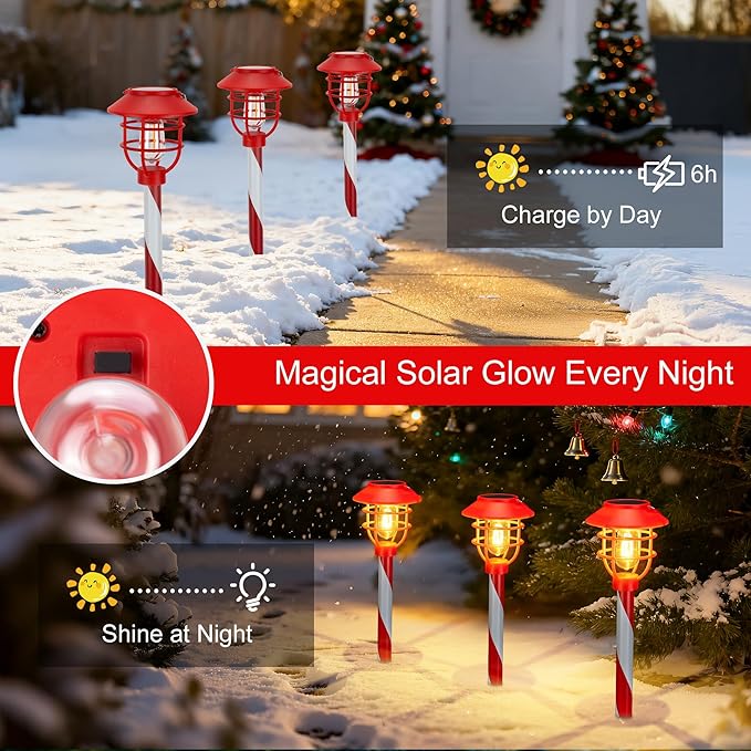 6 Pack Christmas Solar Pathway Lights Outdoor Decorations,Garden Solar Stake Landscape Lights Candy Cane Christmas | Lumora