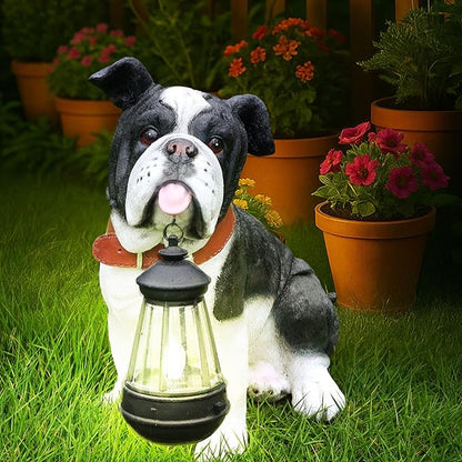 Outdoor English Bulldog Dog Statue with Interchangeable Welcome Sign and Detachable Solar Lantern –LED Light Garden Dog Sculpture Décor, Cute Puppy Design for Yard, Porch, Gift