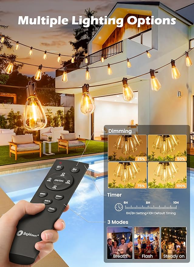Brightown 58FT Solar String Lights Outdoor Waterproof with Remote, 25+1 Shatterproof LED Bulbs, Dimmable & Timable, 3 Light Modes, 2700K Solar Lights Outdoor for Patio, Camping, Yard, Party Decor