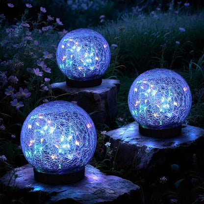 Solar Cracked Quartz Pathway Lights – IP68 Waterproof Dual-Temperature Glow for Garden Safety Artisanal Glass Globe with 10hr Runtime (Patio/Yard Decor) (Multicolored)