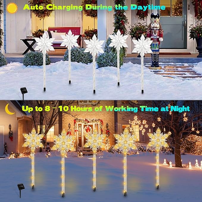 Snowflake Solar Christmas Pathway Lights, Set of 10 LED Outdoor Stake Lights, Waterproof Christmas Decorations for Garden, Yard, Lawn, Walkway, Patio Decor (10pcs Warm White)
