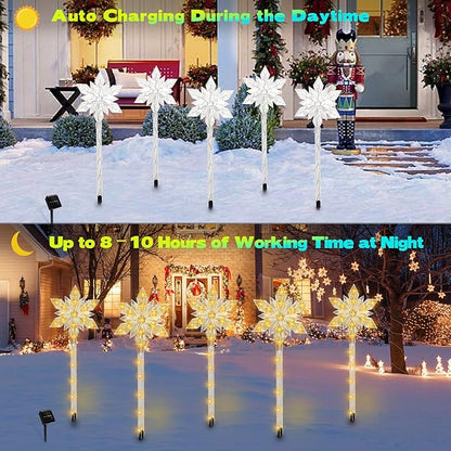 Snowflake Solar Christmas Pathway Lights, Set of 10 LED Outdoor Stake Lights, Waterproof Christmas Decorations for Garden, Yard, Lawn, Walkway, Patio Decor (10pcs Warm White)
