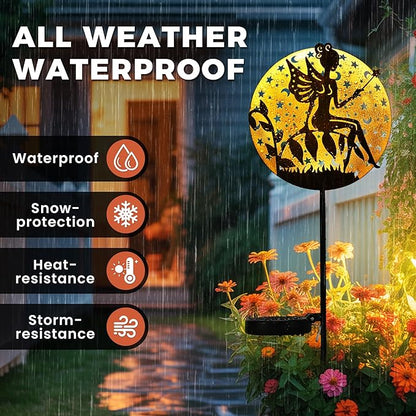 Fairy Garden Solar Lights Outdoor Disk Silhouette Stakes, Waterproof Outdoor Metal Decor Gifts for Women Mom, Art Cut-Out Disk Fairy Sculpture for Yard, Patio, Garden, Porch, 1 Pack