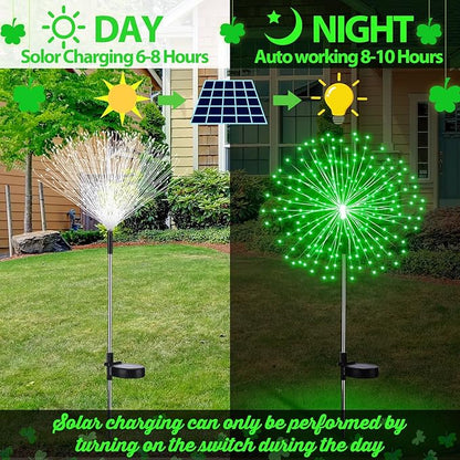 4 Pcs St Patricks Day Solar Lights Solar Firework Lights Decoration 180 LED 8 Modes Waterproof LED Stake Sparkler Decor for Irish Walkway Pathway Driveway Garden Patio Yard Lawn(Green)